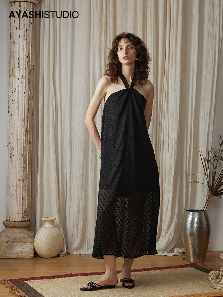 Black Jacquard Chiffon Hanging Neck Holiday Long Dress