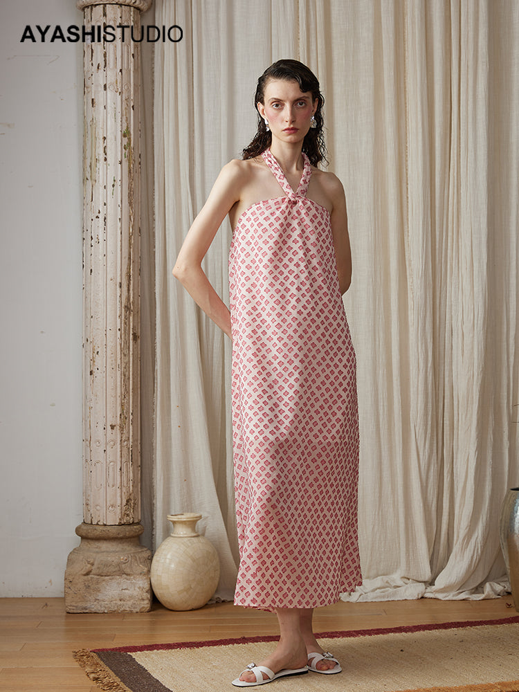 Pink Jacquard Chiffon Hanging Neck Holiday Long Dress