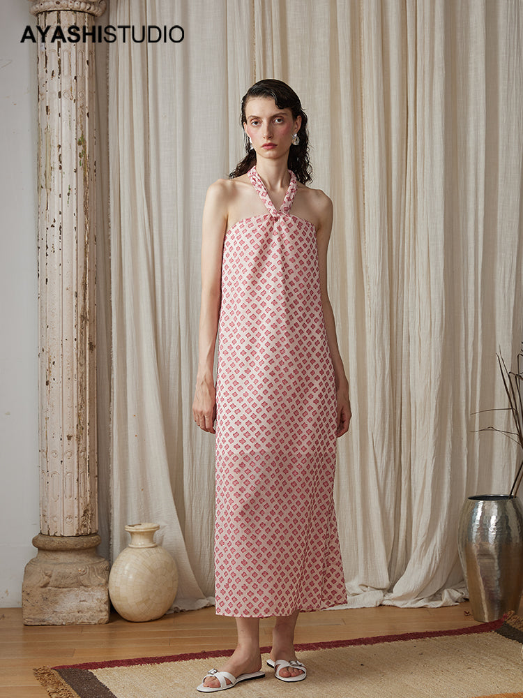 Pink Jacquard Chiffon Hanging Neck Holiday Long Dress