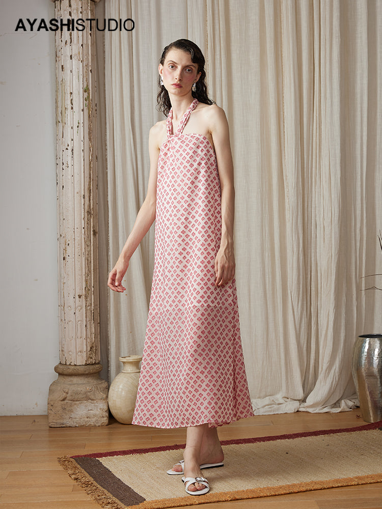 Pink Jacquard Chiffon Hanging Neck Holiday Long Dress