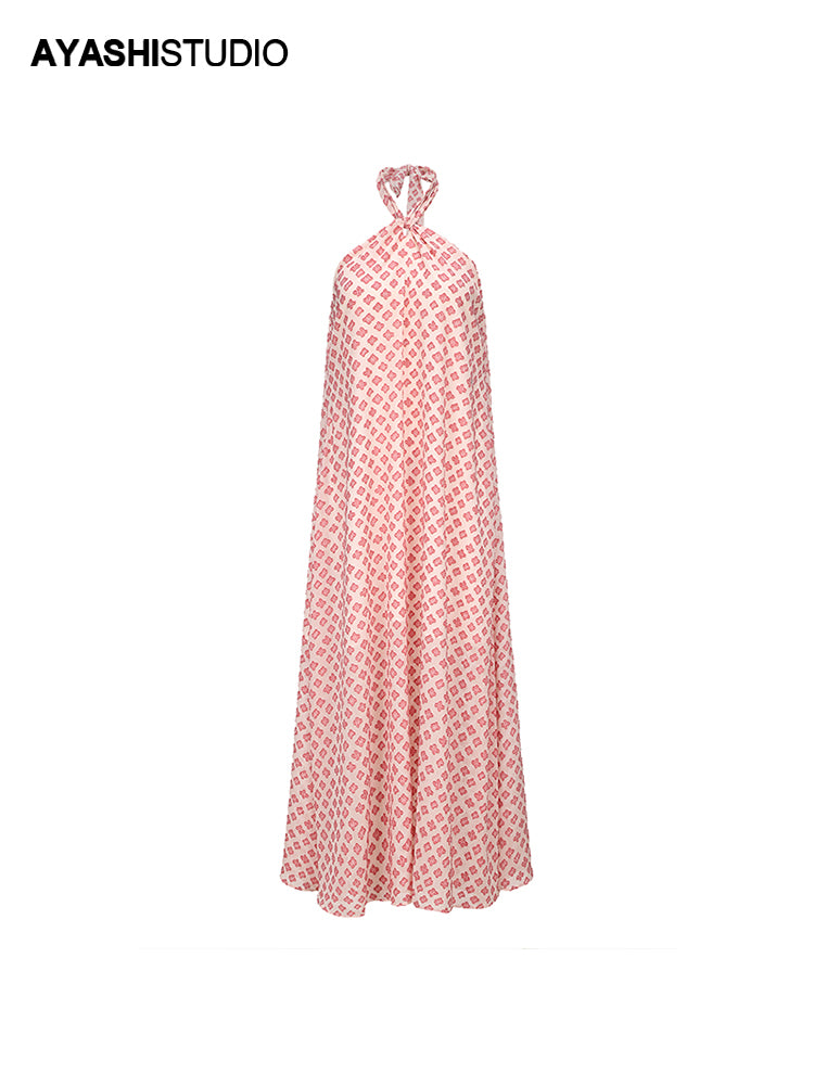 Pink Jacquard Chiffon Hanging Neck Holiday Long Dress