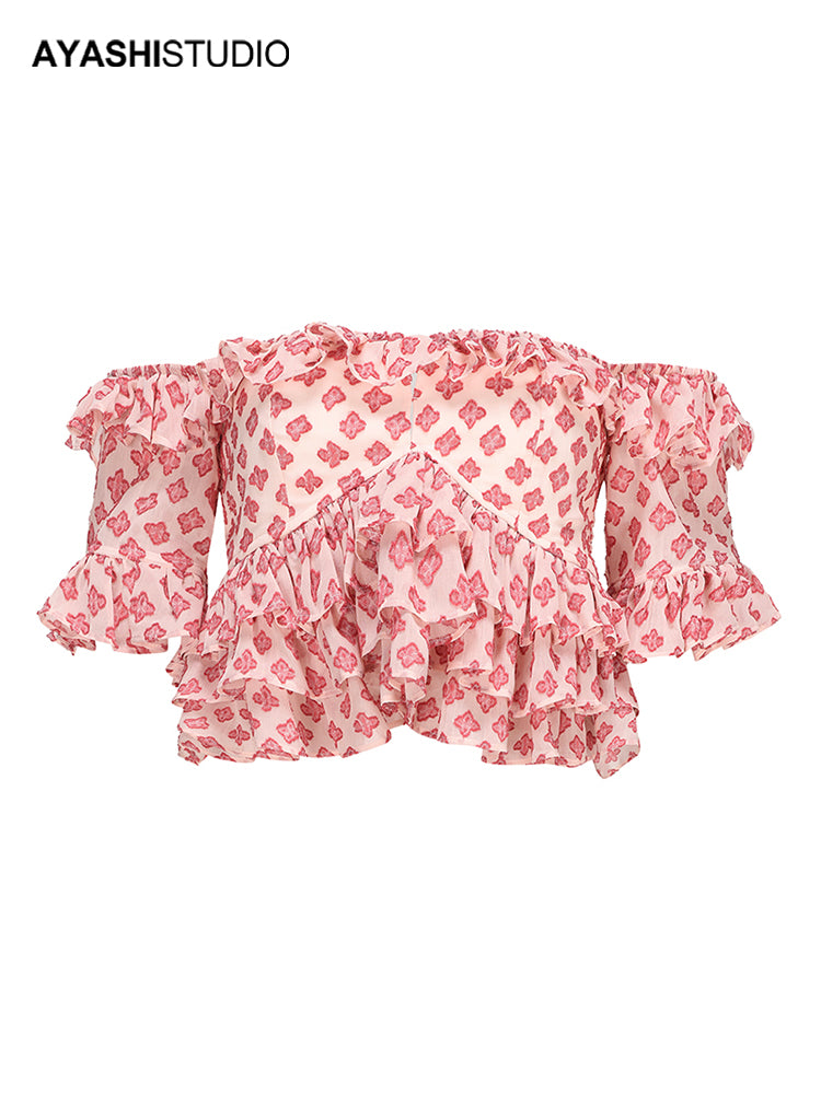 Pink Jacquard Chiffon One Line Collar  layered wooden ear edge Simak Short Top