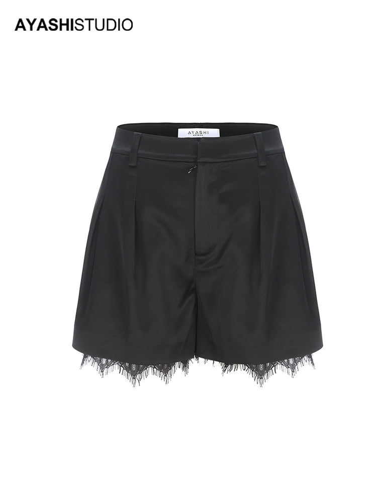 Black Acetic acid splicing lace pleated shorts