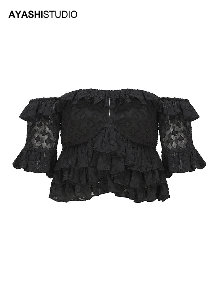 Black Jacquard Chiffon One Line Collar  layered wooden ear edge Simak Short Top