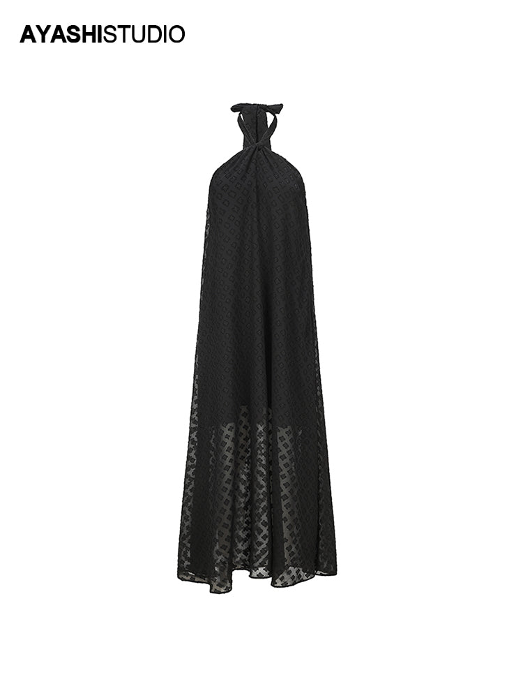 Black Jacquard Chiffon Hanging Neck Holiday Long Dress