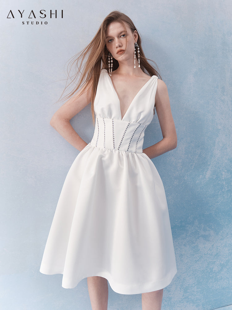 White Elegant V-Neck Dress