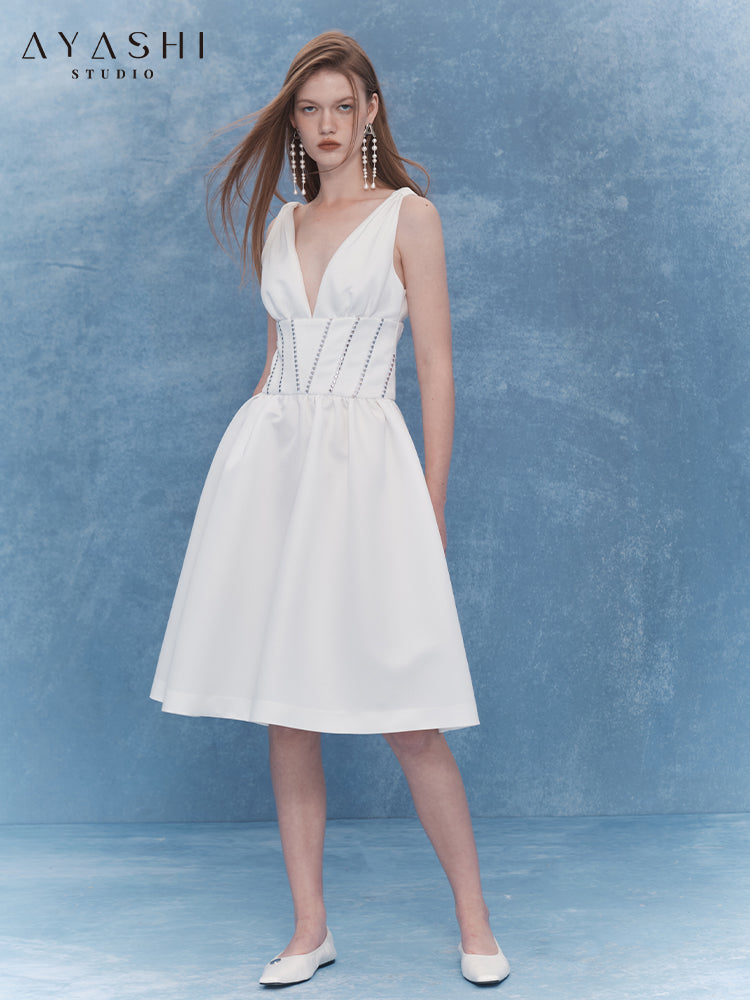 White Elegant V-Neck Dress