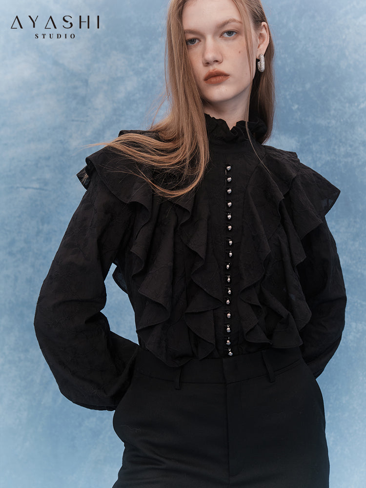 Vintage Style Black Ruffled Lantern Sleeve Shirt