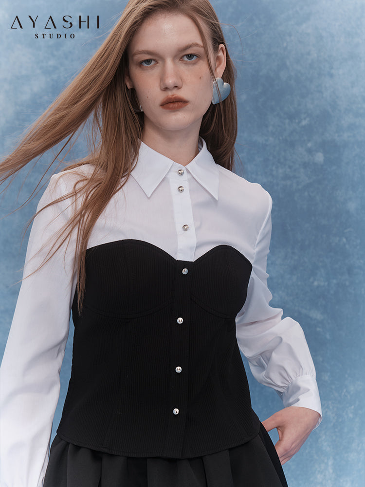 Black and white fishbone bra shirt collar long sleeve top