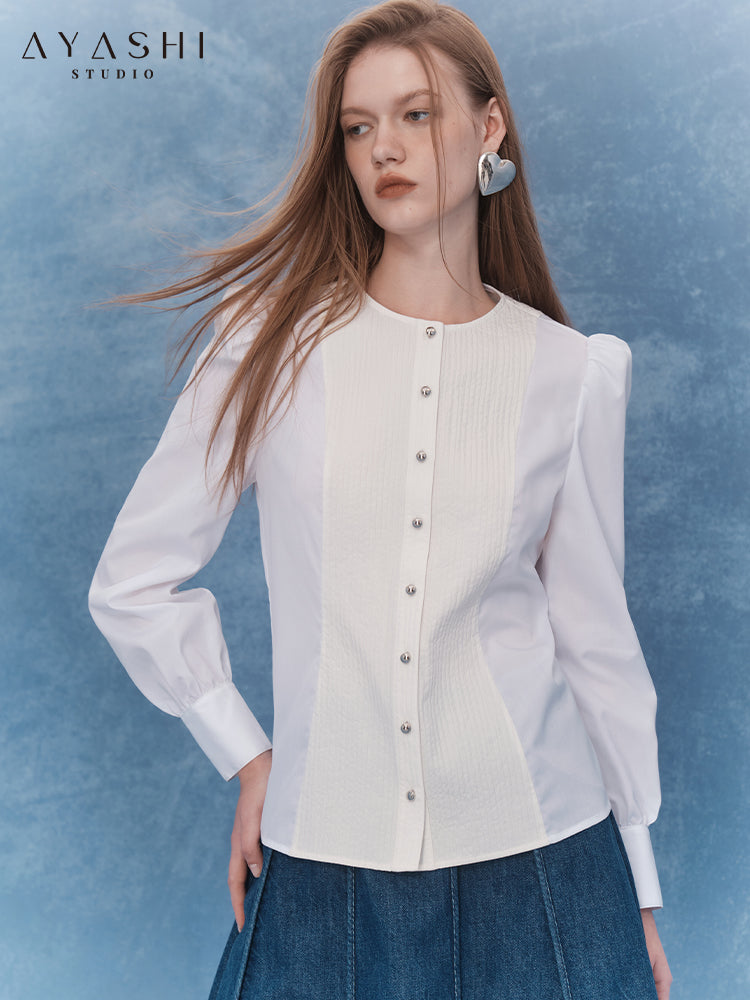 White Round Neck Vertical Stripe Long Sleeve Shirt