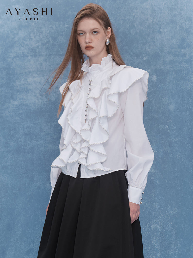 Vintage Style White Ruffled Lantern Sleeve Shirt