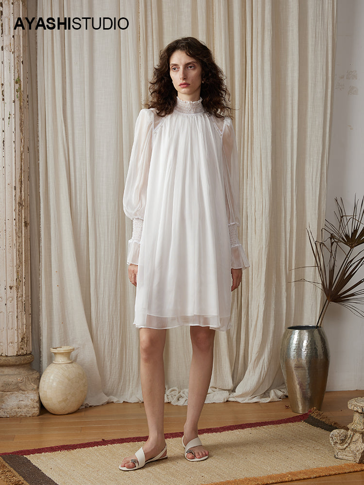 Mercerized chiffon Smack turtleneck dress with hand-embellished pearls