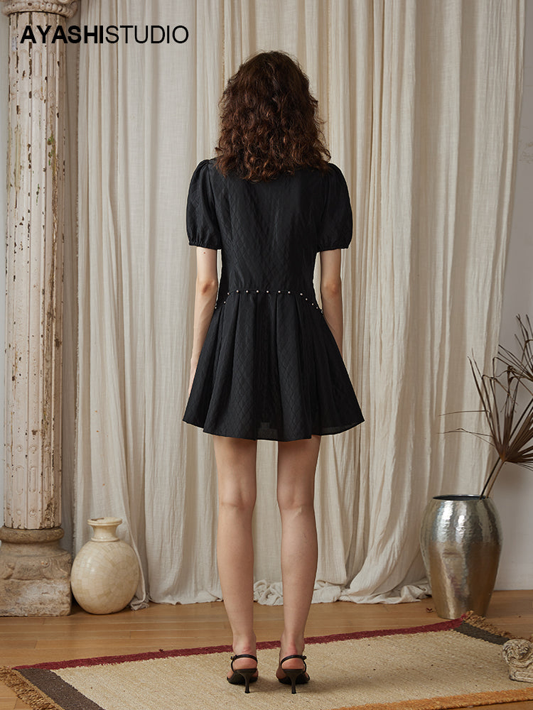 Shirt-collar dress in acetate paneled jacquard with hand-stitched pearls