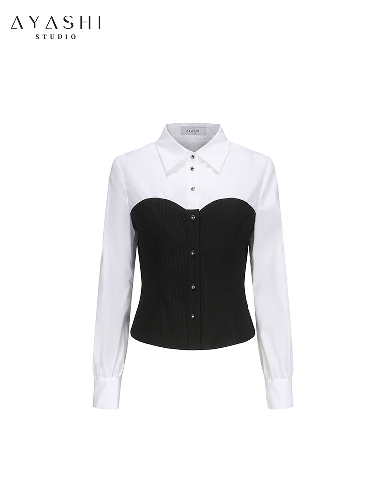 Black and white fishbone bra shirt collar long sleeve top