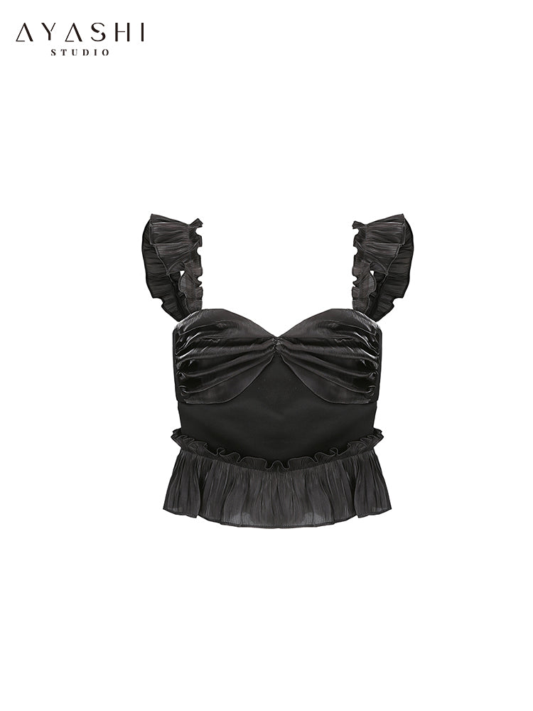 Black Glitter Ruffle Sleeveless Top