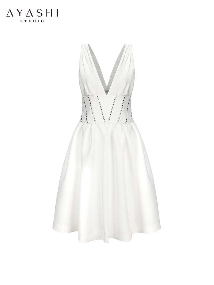 White Elegant V-Neck Dress