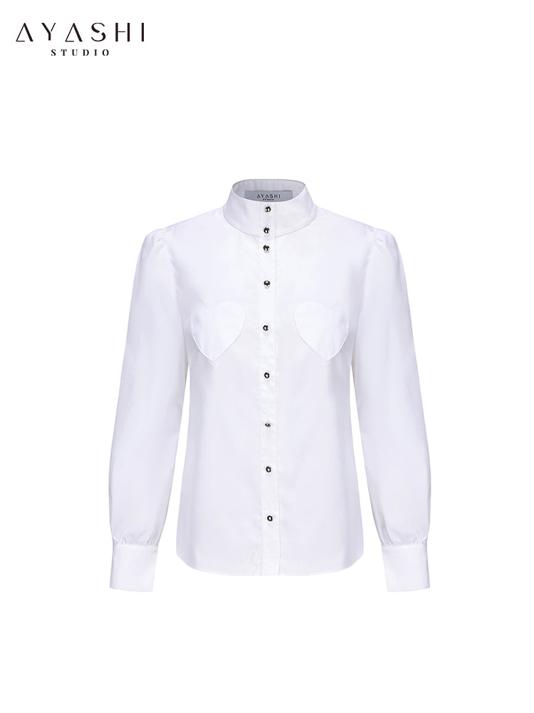 Standing Collar Long Sleeve Cotton Shirt