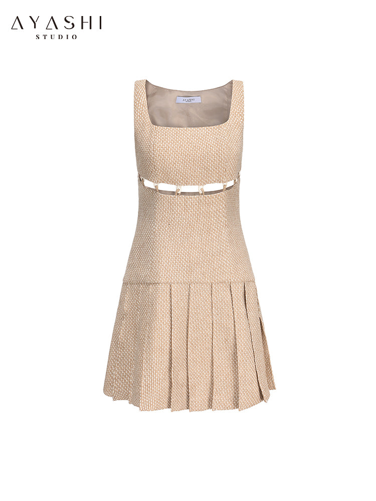 Khaki tweed pleated vest skirt