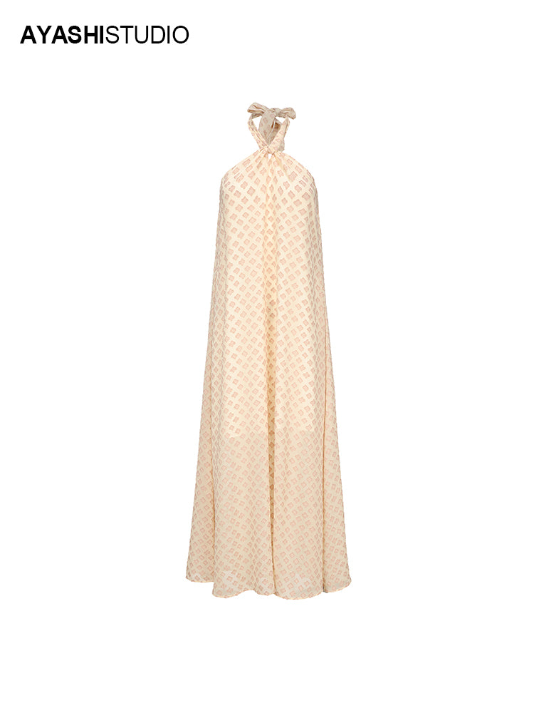 Yellow Jacquard Chiffon Hanging Neck Holiday Long Dress