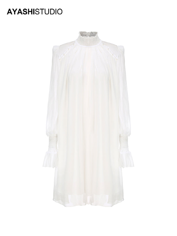 Mercerized chiffon Smack turtleneck dress with hand-embellished pearls