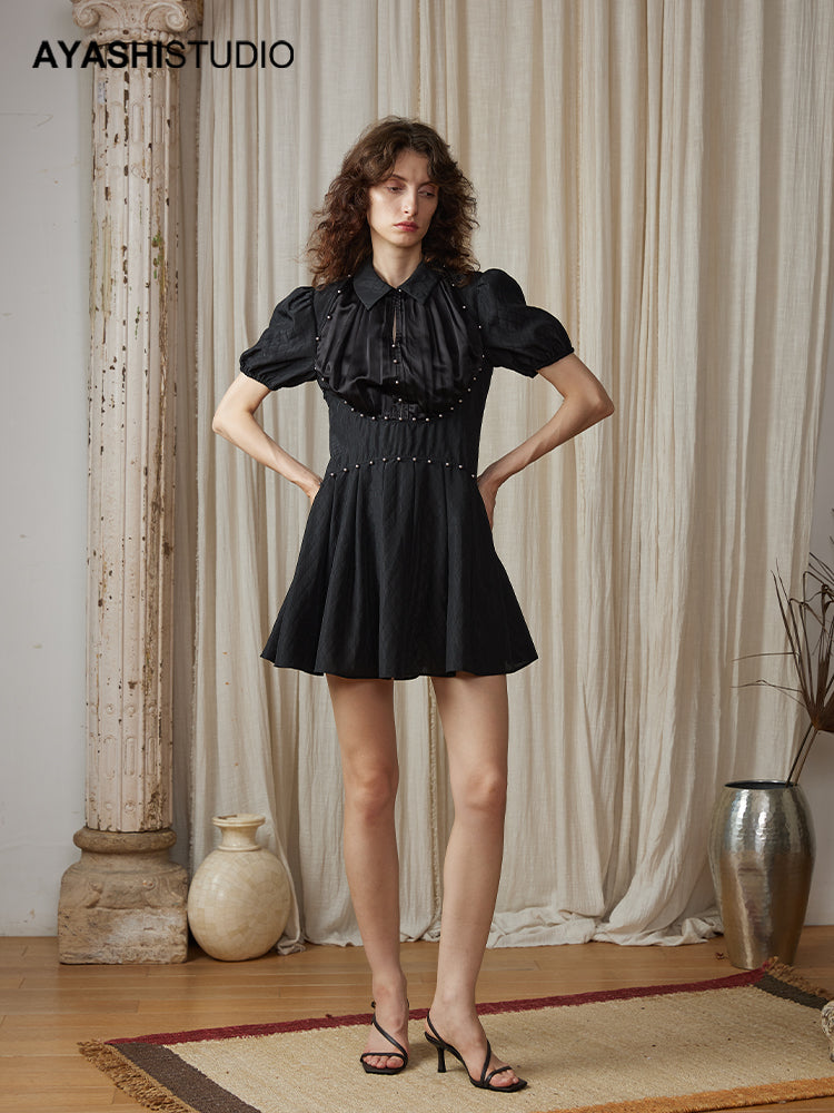 Shirt-collar dress in acetate paneled jacquard with hand-stitched pearls