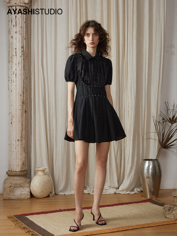 Shirt-collar dress in acetate paneled jacquard with hand-stitched pearls