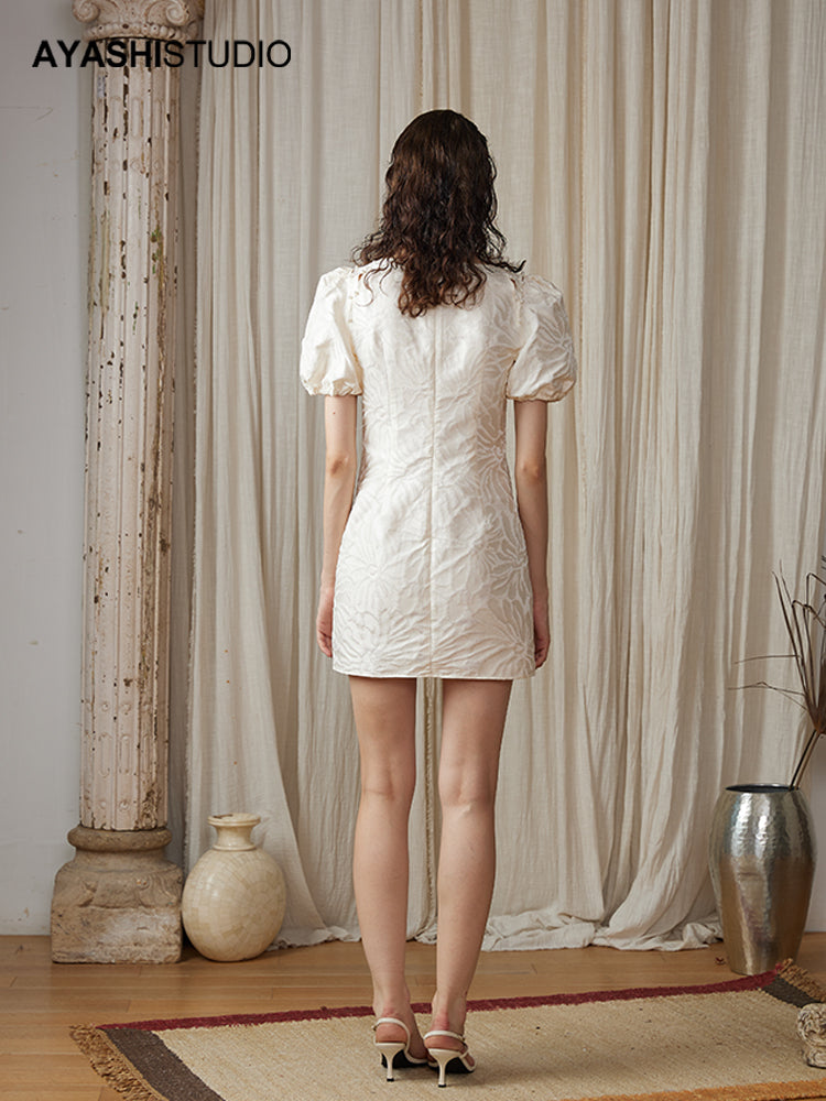 Cream jacquard slim puff sleeve dress with hand-pinned pearls