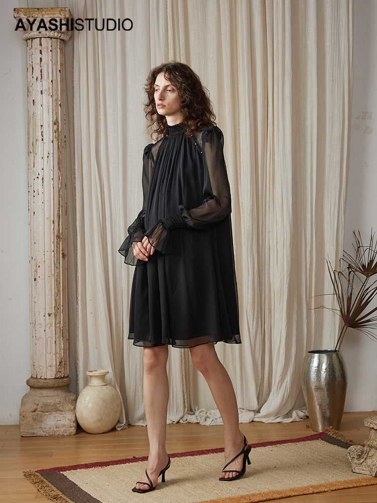 Mercerized chiffon Smack turtleneck dress with hand-embellished pearls