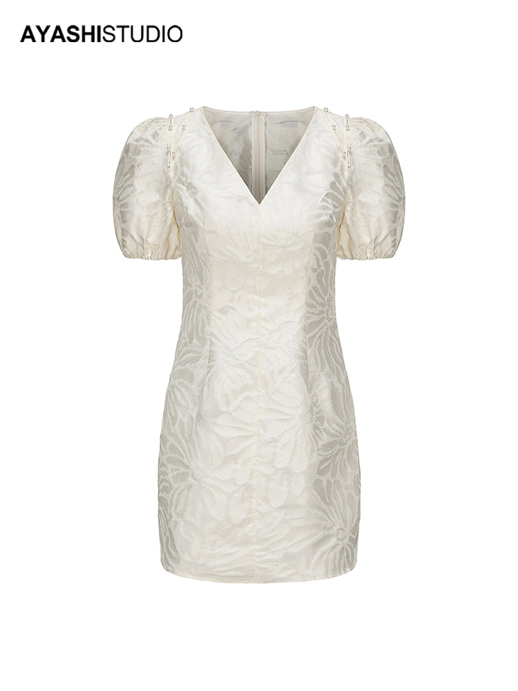 Cream jacquard slim puff sleeve dress with hand-pinned pearls