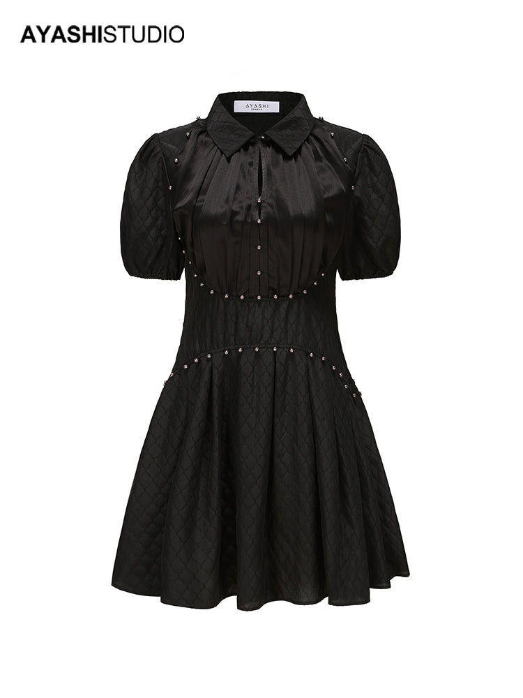 Shirt-collar dress in acetate paneled jacquard with hand-stitched pearls