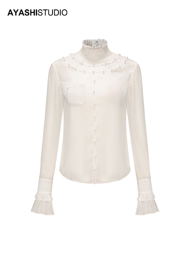 Mercerized chiffon hand-stitched pearl-embellished top with cutouts