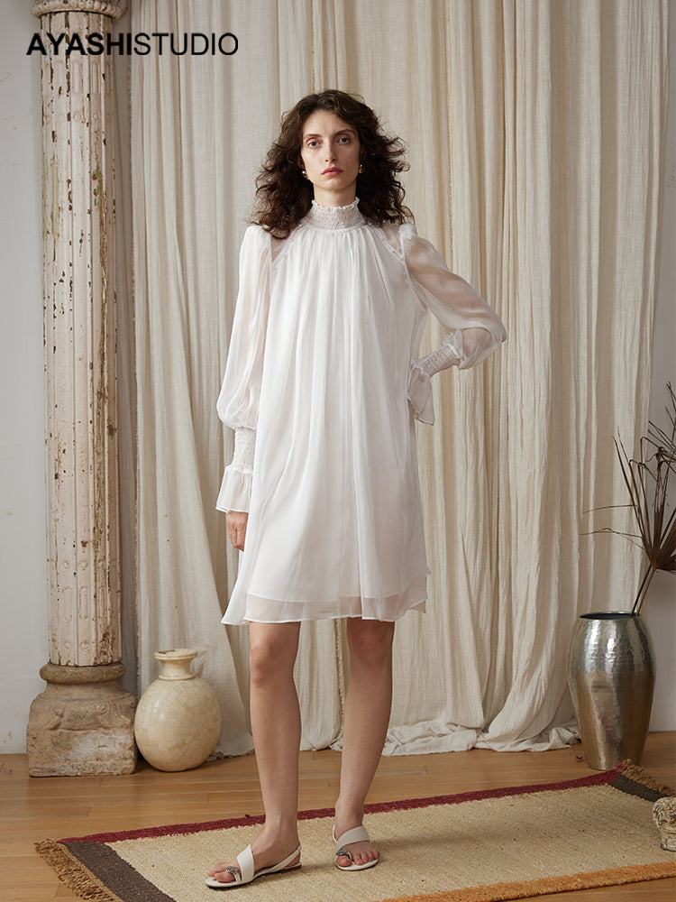 Mercerized chiffon Smack turtleneck dress with hand-embellished pearls