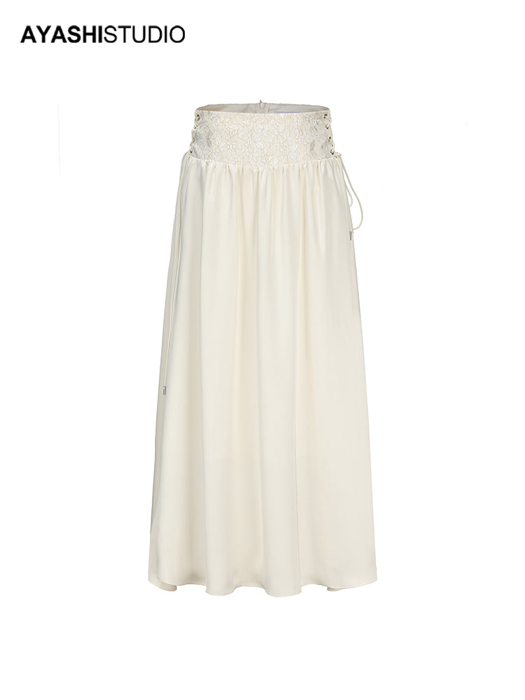 Cream Mercerized Satin patchwork lace tied high waisted skirt