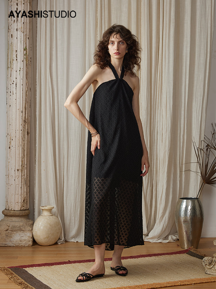 Black Jacquard Chiffon Hanging Neck Holiday Long Dress