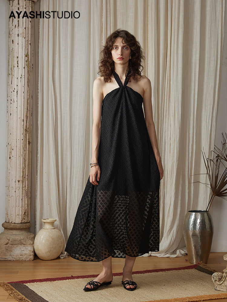 Black Jacquard Chiffon Hanging Neck Holiday Long Dress