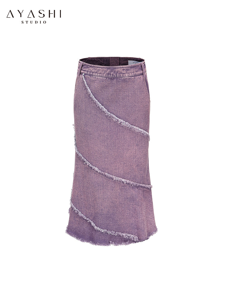 Purple Raw Hem Denim Skirt