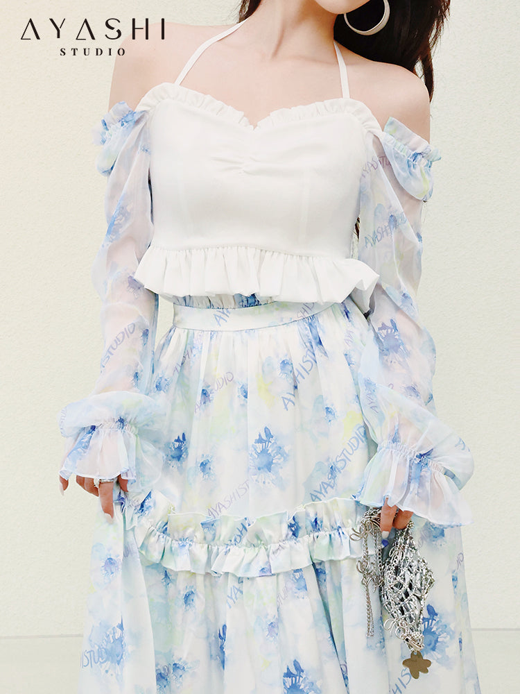 Blue Printed Chiffon Balloon Sleeve Top